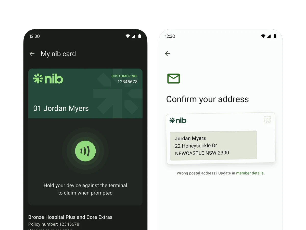 nib digital card and address confirmation on Android
