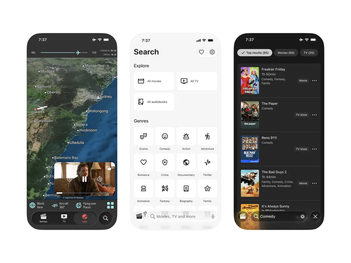Qantas Entertainment flight map, genres and search