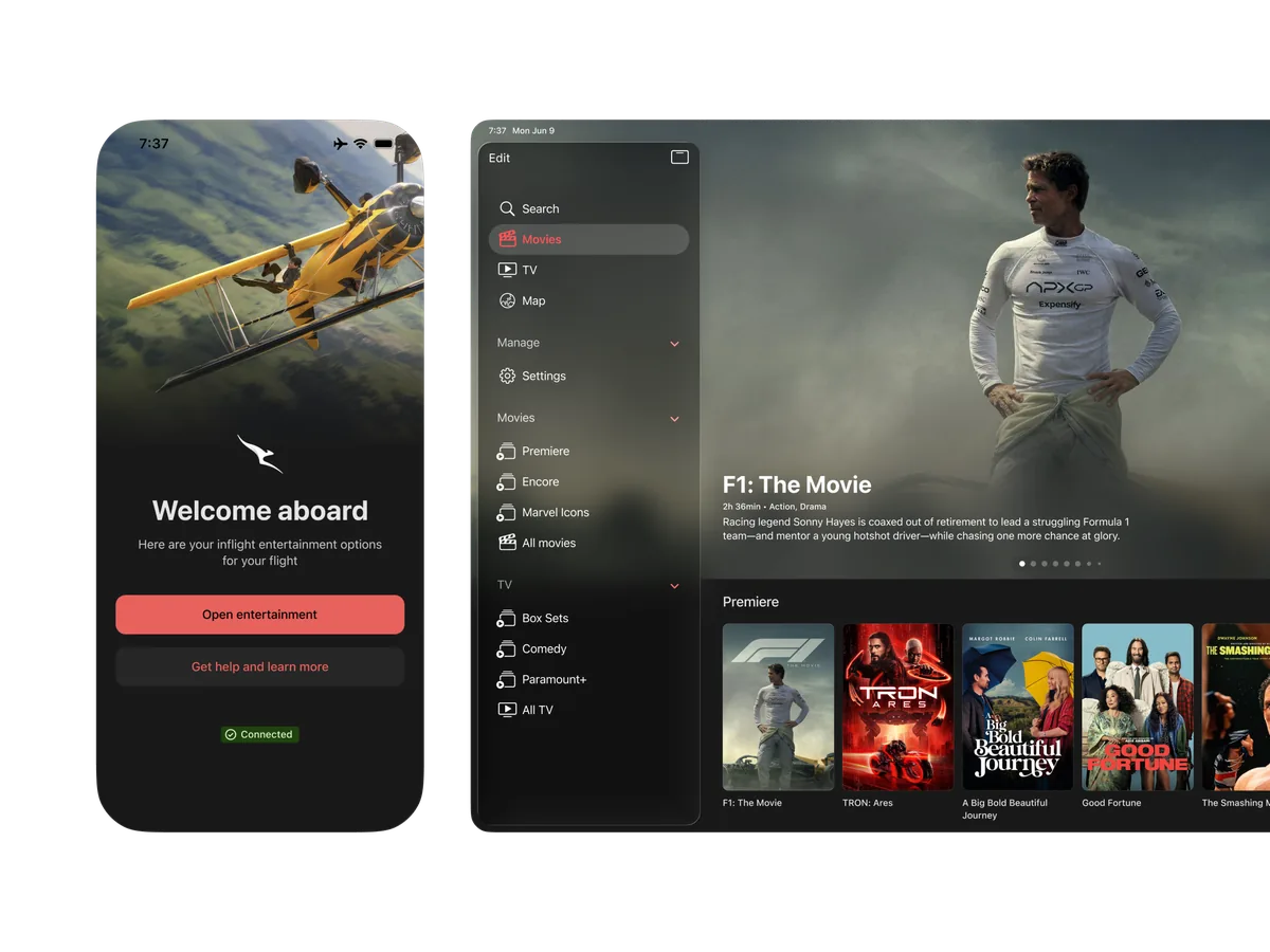 Qantas Entertainment welcome screen and iPad home